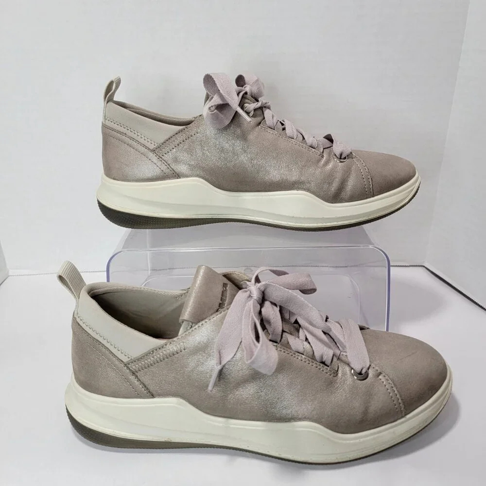 ROMIKA Womens‎ 9-9.5 Womens Grey Silver Leather Lace Up Casual Tennis Shoes